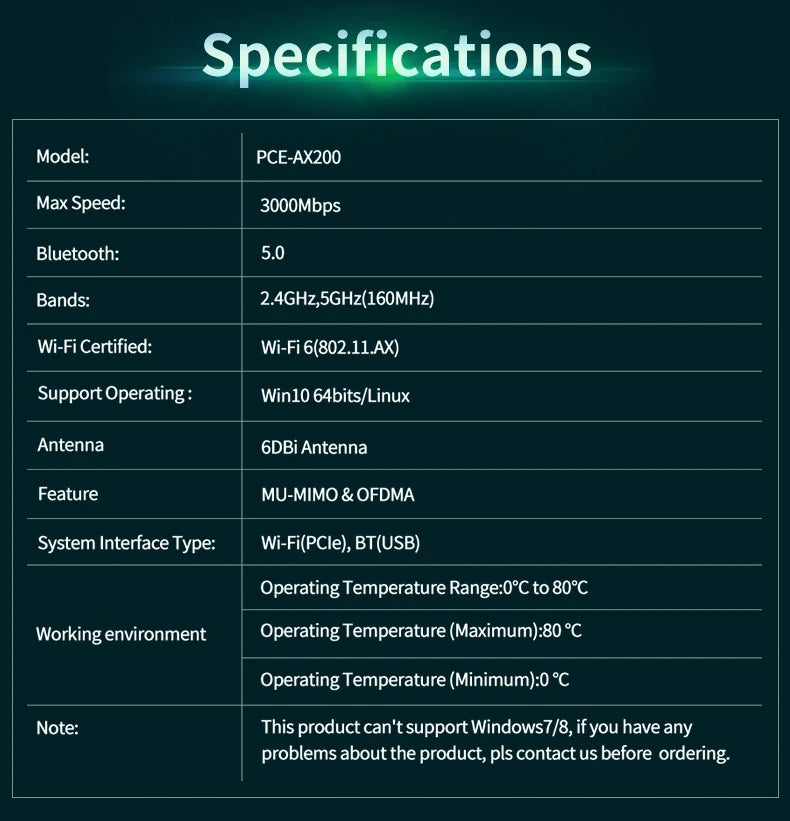 AX200 PCIE Cartão Adaptador de Wifi Bluetooth5.2 Dual Band 2.4G/5Ghz 2974Mbps