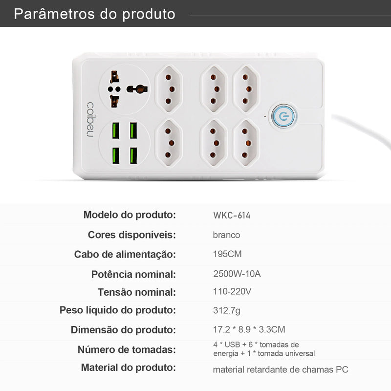 Extensão de Energia em Régua 100-220V,10A