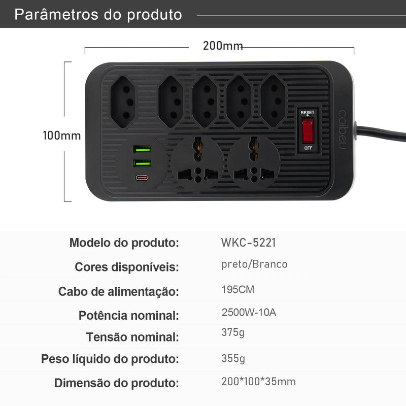 Extensão de Energia em Régua 100-220V,10A