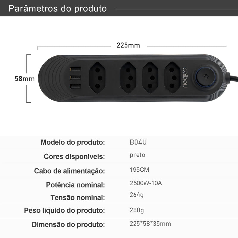 Extensão de Energia em Régua 100-220V,10A