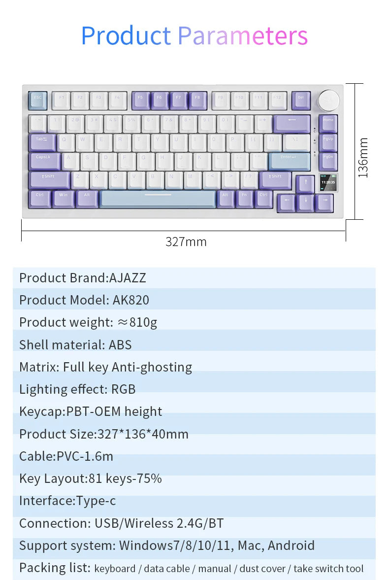 AK820/AK820 Pro Teclado Mecânico 75% TFT