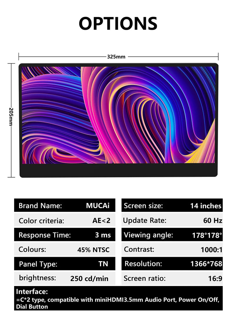 Monitor Portátil N140-S36 14 Polegadas 60Hz Resolução 1366x768